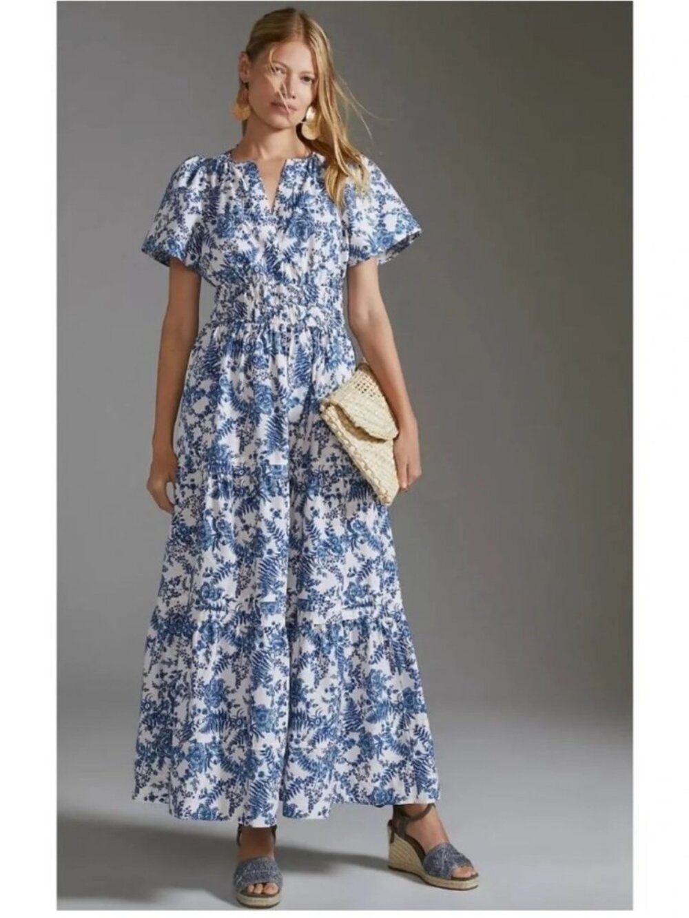 Anthropologie Somerset Cotton Maxi Dress – Blue & White Floral, 2x